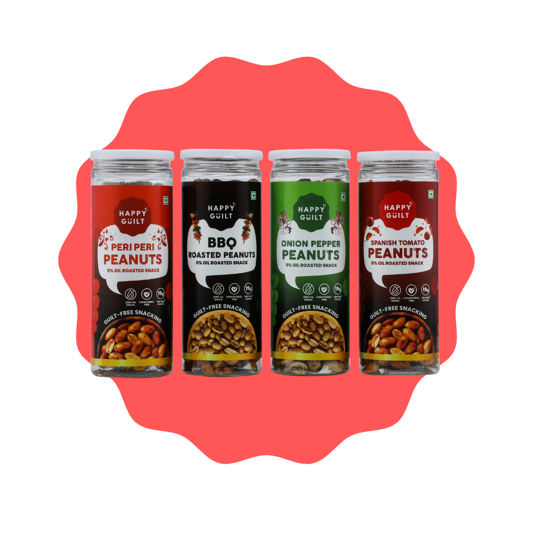Happy Guilt Flavored Roasted Peanuts Combo Pack (Peri Peri, BBQ, Onion Pepper, Spanish Tomato) | Zero Oil Roasted Snack | High Protein Crunchy Peanuts | Crunchy Snack | Guilt Free Snack | Evening Snack