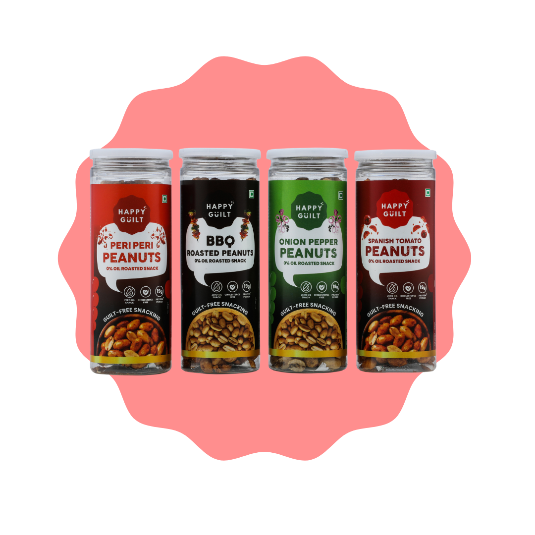 Happy Guilt Flavored Roasted Peanuts Combo Pack (Peri Peri, BBQ, Onion Pepper, Spanish Tomato) | Zero Oil Roasted Snack | High Protein Crunchy Peanuts | Crunchy Snack | Guilt Free Snack | Evening Snack