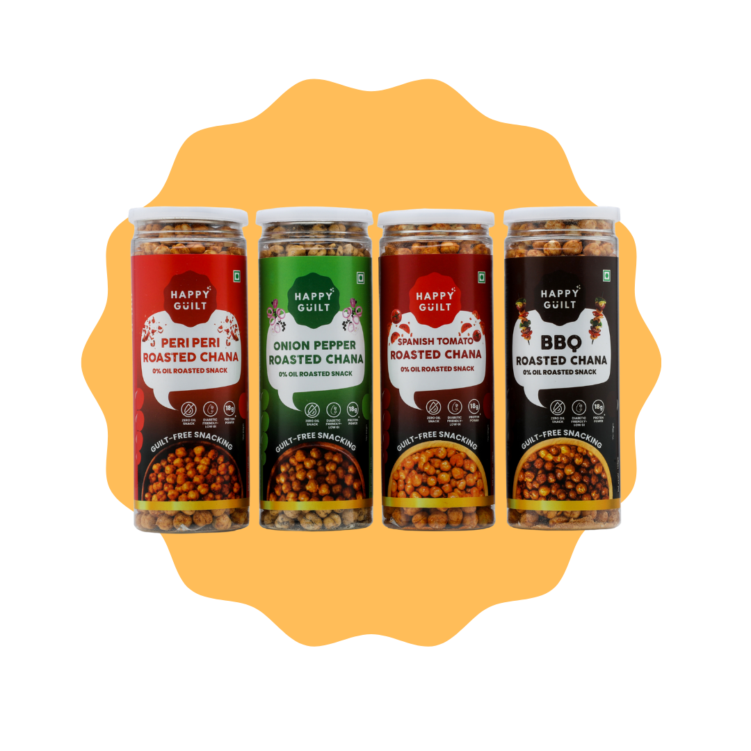 Happy Guilt Flavoured Roasted Chana Combo Pack (Peri Peri, Onion Pepper, Spanish Tomato & BBQ) | Zero Oil Roasted Snack | High Protein Healthy Snack | Crunchy Diet Snack | Guilt Free Snack | Evening Snack